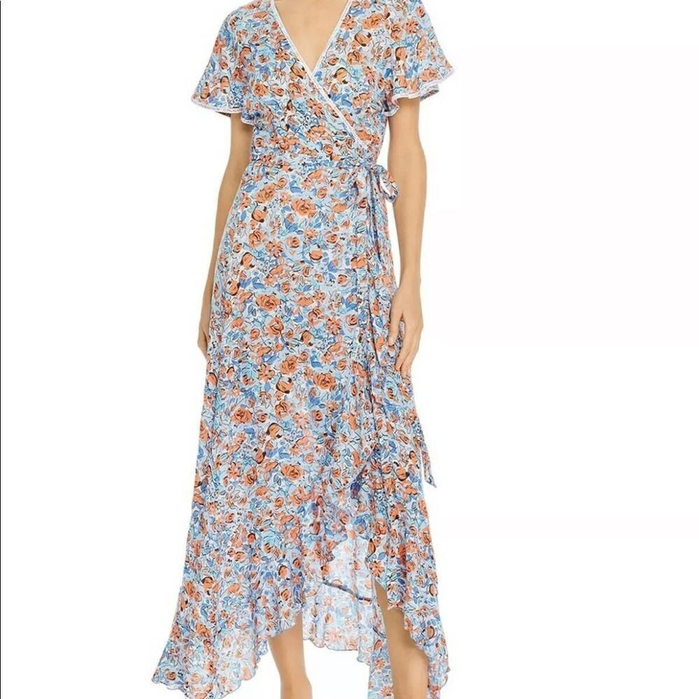 NWT Poupette St Barth Orange and Blue Printed Flutter Floral Maxi Wrap Dress XS